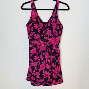 Land's End One Piece Swim Dress 1X Tulip Wrap Blackberry Ornate Floral Print